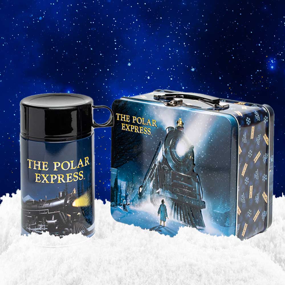The Polar Express metal lunch box with embossed artwork and matching 10-ounce thermos.